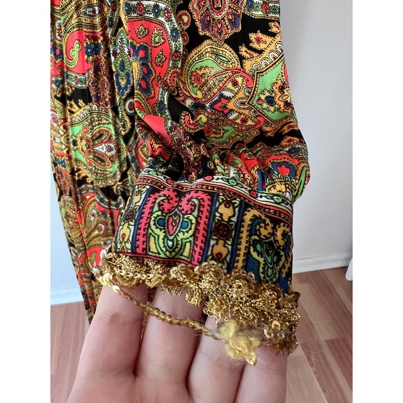 Vintage 70s Paisley Maxi Dress Pink Gold Sequin Trim Empire Waist Boho Gown - Picture 8 of 8